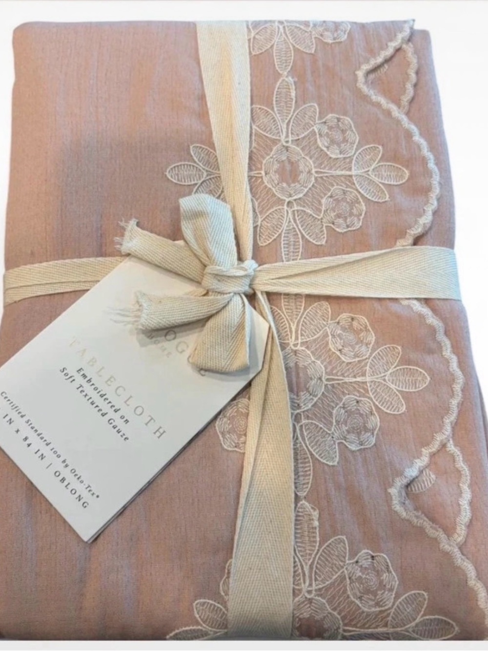 Envogue Pink Embroidered Gauze Tablecloth size 60x84 oblong